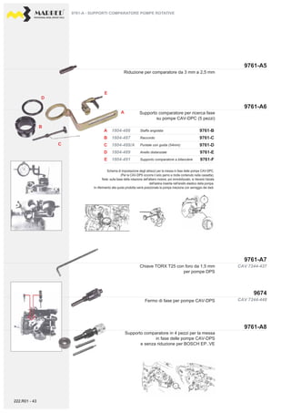 PROFESSIONAL DIESEL SERVICE TOOLS
9761-A6
9674
9761-A8
9761-A7
CAV 7244-448
CAV 7244-437
9761-A5
B
E
A
A
D
B
C
D
E
9761-C
9761-B
9761-E
9761-D
9761-F
1804-487
1804-486
1804-489
1804-488/A
1804-491
C
Schema di impostazione degli attrezzi per la messa in fase delle pompe CAV-DPC.
(Per la CAV-DPS occorre il solo perno a molla contenuto nella cassetta).
Note: sulla base della rotazione dell'albero motore, poi immobilizzato, si rileverà l'alzata
dell'astina inserita nell'anello elastico della pompa.
In riferimento alla quota prodotta verrà posizionata la pompa iniezione con serraggio dei dadi.
Supporto comparatore per ricerca fase
su pompe CAV-DPC (5 pezzi)
Fermo di fase per pompe CAV-DPS
Chiave TORX T25 con foro da 1,5 mm
per pompe DPS
9761-A - SUPPORTI COMPARATORE POMPE ROTATIVE
Riduzione per comparatore da 3 mm a 2,5 mm
Raccordo
Staffa angolata
Anello distanziale
Puntale con guida (54mm)
Supporto comparatore a bilanciere
Supporto comparatore in 4 pezzi per la messa
in fase delle pompe CAV-DPS
e senza riduzione per BOSCH EP..VE
222.R01 - 43
 