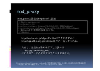 mod_proxy
 mod_proxyの設定をhttpd.confに記述
  <IfModule mod_proxy.c>
  ProxyRequests Off
  ProxyPass /tcliper/ http://192.168.0.103：3001/tcliper/
  ProxyPassReverse /tcliper/ http://192.168.0.103:3001/tcliper/
  # 他のRailsアプリも同様の記述をここにする
  </IfModule>


     http://mydomain.jp/tcliper(Port80)にアクセスすると、
     http://192.168.0.103:3001/tcliperにリバースしてくれる。

     ただし、当然ながらRailsアプリの実体は
      http://192.168.0.103:3001/
     にいるので、このままではアクセスできない。


※mod_proxy_balancerやPassenger、mod_railsなどで同様の設定が可能。このあたりの説明は以前の勉強会資料
 にて記述してあるので割愛。また、インストール方法についても省略。
 