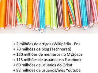 + 2 milhões de artigos (Wikipédia - En) + 70 milhões de blog (Technorati) + 120 milhões de membros no MySpace + 115 milhões de usuários no Facebook + 60 milhões de usuários do Orkut + 92 milhões de usuários/mês Youtube 