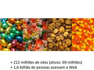 + 212 milhões de sites (ativos: 69 milhões) + 1,6 bilhão de pessoas acessam a Web 
