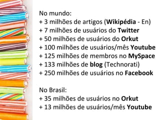 No mundo: + 3 milhões de artigos ( Wikipédia  - En) + 7 milhões de usuários do  Twitter + 50 milhões de usuários do  Orkut + 100 milhões de usuários/mês  Youtube + 125 milhões de membros no  MySpace + 133 milhões de  blog  (Technorati) + 250 milhões de usuários no  Facebook No Brasil: + 35 milhões de usuários no  Orkut + 13 milhões de usuários/mês  Youtube 
