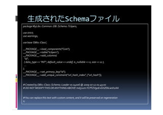 生成されたSchemaファイル
package MyLibs::Common::DB::Schema::Tclipers;

use strict;
use warnings;

use base 'DBIx::Class';

__PACKAGE__->load_components("Core");
__PACKAGE__->table("tclipers");
__PACKAGE__->add_columns(
 "id",
 { data_type => "INT", default_value => undef, is_nullable => 0, size => 11 },
 …
);
__PACKAGE__->set_primary_key("id");
__PACKAGE__->add_unique_constraint("url_hash_index", ["url_hash"]);


# Created by DBIx::Class::Schema::Loader v0.04006 @ 2009-07-12 01:49:00
# DO NOT MODIFY THIS OR ANYTHING ABOVE! md5sum:YCPFZVg0EvGhZEbLwsh2AA


# You can replace this text with custom content, and it will be preserved on regeneration
1;
 