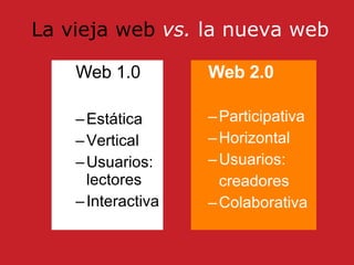 La vieja web   vs.  la nueva web Web 1.0 Estática Vertical Usuarios: lectores Interactiva Web 2.0 Participativa Horizontal Usuarios: creadores Colaborativa 