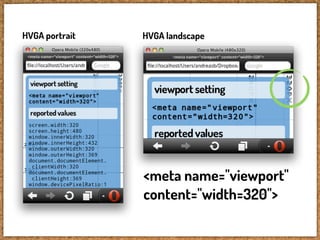 HVGA portrait   HVGA landscape




                <meta name="viewport"
                content="width=320">
 
