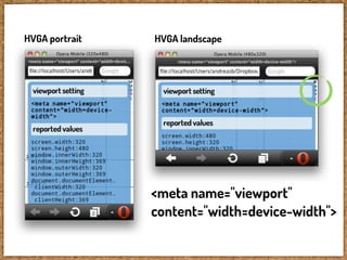HVGA portrait   HVGA landscape




                <meta name="viewport"
                content="width=device-width">
 