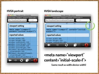 HVGA portrait   HVGA landscape




                <meta name="viewport"
                content="initial-scale=1">
                     (same result as width=device-width)
 