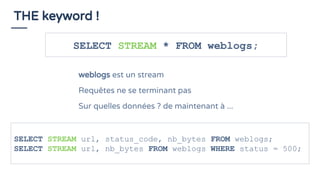 THE keyword !
SELECT STREAM * FROM weblogs;
weblogs est un stream
Requêtes ne se terminant pas
Sur quelles données ? de maintenant à ...
SELECT STREAM url, status_code, nb_bytes FROM weblogs;
SELECT STREAM url, nb_bytes FROM weblogs WHERE status = 500;
 
