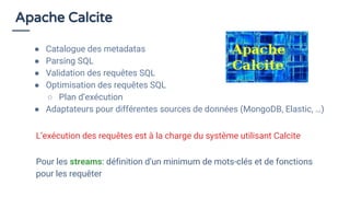 Apache Calcite
● Catalogue des metadatas
● Parsing SQL
● Validation des requêtes SQL
● Optimisation des requêtes SQL
○ Pla...