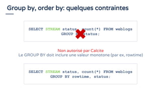 Group by, order by: quelques contraintes
SELECT STREAM status, count(*) FROM weblogs
GROUP BY status;
Non autorisé par Cal...