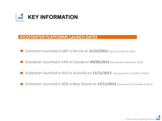 Online Games Consulting & Services
Kickstarter launched in GBP in the UK on 31/10/2012 (live 12 months in 2013)
Kickstarter launched in CAD in Canada on 09/09/2013 (live almost 4 months in 2013)
Kickstarter launched in AUD in Australia on 13/11/2013 (live around 1.5 months in 2013)
Kickstarter launched in NZD in New-Zeland on 13/11/2013 (live around 1.5 months in 2013)
KEY INFORMATION
KICKSTARTER PLATFORMS LAUNCH DATES
 