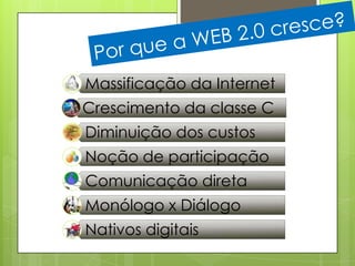 Massificação da Internet
Crescimento da classe C
Diminuição dos custos
Noção de participação
Comunicação direta
Monólogo x Diálogo
Nativos digitais
 