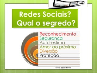 Redes Sociais?
Qual o segredo?
     Reconhecimento
     Segurança
     Auto-estima
     Amor ao próximo
     Diversão
     Proteção

           Fonte: David Brown
 