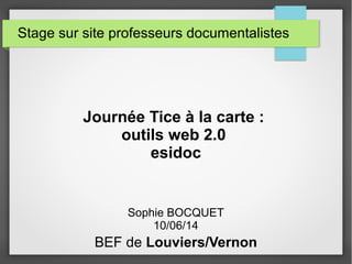 Stage sur site professeurs documentalistes
Journée Tice à la carte :
outils web 2.0
esidoc
Sophie BOCQUET
10/06/14
BEF de Louviers/Vernon
 