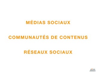 MÉDIAS SOCIAUX
COMMUNAUTÉS DE CONTENUS
RÉSEAUX SOCIAUX
 