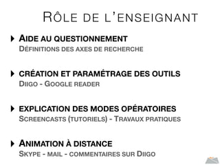 RÔLE DE L’ENSEIGNANT
‣ AIDE AU QUESTIONNEMENT
DÉFINITIONS DES AXES DE RECHERCHE
‣ CRÉATION ET PARAMÉTRAGE DES OUTILS
DIIGO - GOOGLE READER
‣ EXPLICATION DES MODES OPÉRATOIRES
SCREENCASTS (TUTORIELS) - TRAVAUX PRATIQUES
‣ ANIMATION À DISTANCE
SKYPE - MAIL - COMMENTAIRES SUR DIIGO
 