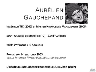 AURÉLIEN
GAUCHERAND
INGÉNIEUR TIC (2000) ET MASTER KNOWLEDGE MANAGEMENT (2005)
2001: ANALYSE DE MARCHÉ (TIC) - SAN FRANCISCO
2002: VOYAGEUR / BLOGGUEUR
FONDATEUR INTELLITORIA 2003
VEILLE INTERNET / WEB POUR LES ACTEURS LOCAUX
DIRECTEUR «INTELLIGENCE ÉCONOMIQUE» CHAMBRE (2007)
 