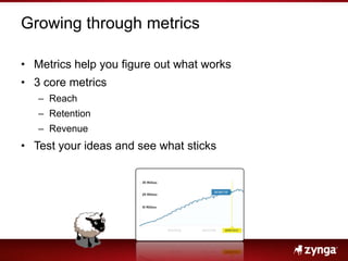 Growing through metrics,[object Object],Metrics help you figure out what works,[object Object],3 core metrics,[object Object],Reach,[object Object],Retention,[object Object],Revenue,[object Object],Test your ideas and see what sticks,[object Object]
