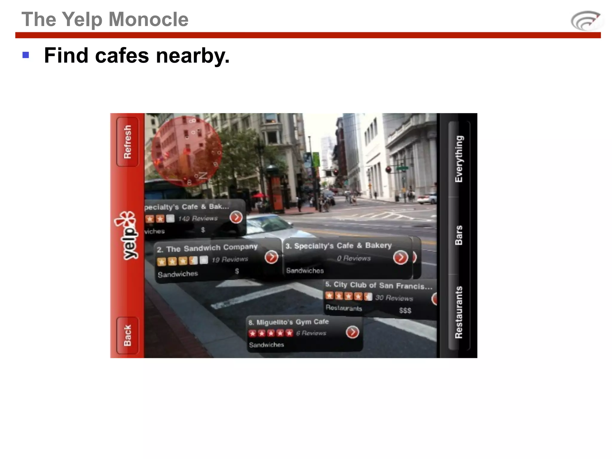 The Yelp Monocle
 Find cafes nearby.
 