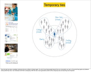 Temporary ties




Once the task has been completed, temporary ties are unlikely to interact again. You don't know these people beyond the one conversation you had, or the words they typed and whatever
online proﬁle they have. Your interaction with them is temporary. With the rise of user generated content online, temporary ties are becoming more important.
 