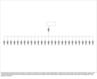 Understanding how people inﬂuence each other is not simple. It's certainly not as simple as many people believe - that there are a small number of very inﬂuential people in society, and if
you reach and inﬂuence them, they will inﬂuence hundreds, thousands and even millions of others. Many research studies have shown that other factors play a much bigger part in how
people are inﬂuenced.
 