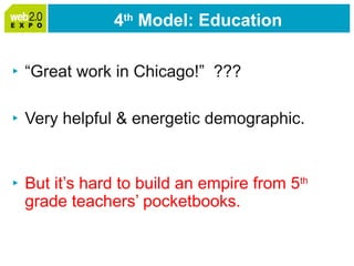 4 th  Model: Education <ul><li>“ Great work in Chicago!”  ??? </li></ul><ul><li>Very helpful & energetic demographic. </li...