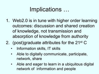 Implications …Web2.0 is in tune with higher order learning outcomes: discussion and shared creation of knowledge, not transmission and absorption of knowledge from authority(post)graduate attributes for the 21st CInformation skills, IT skills