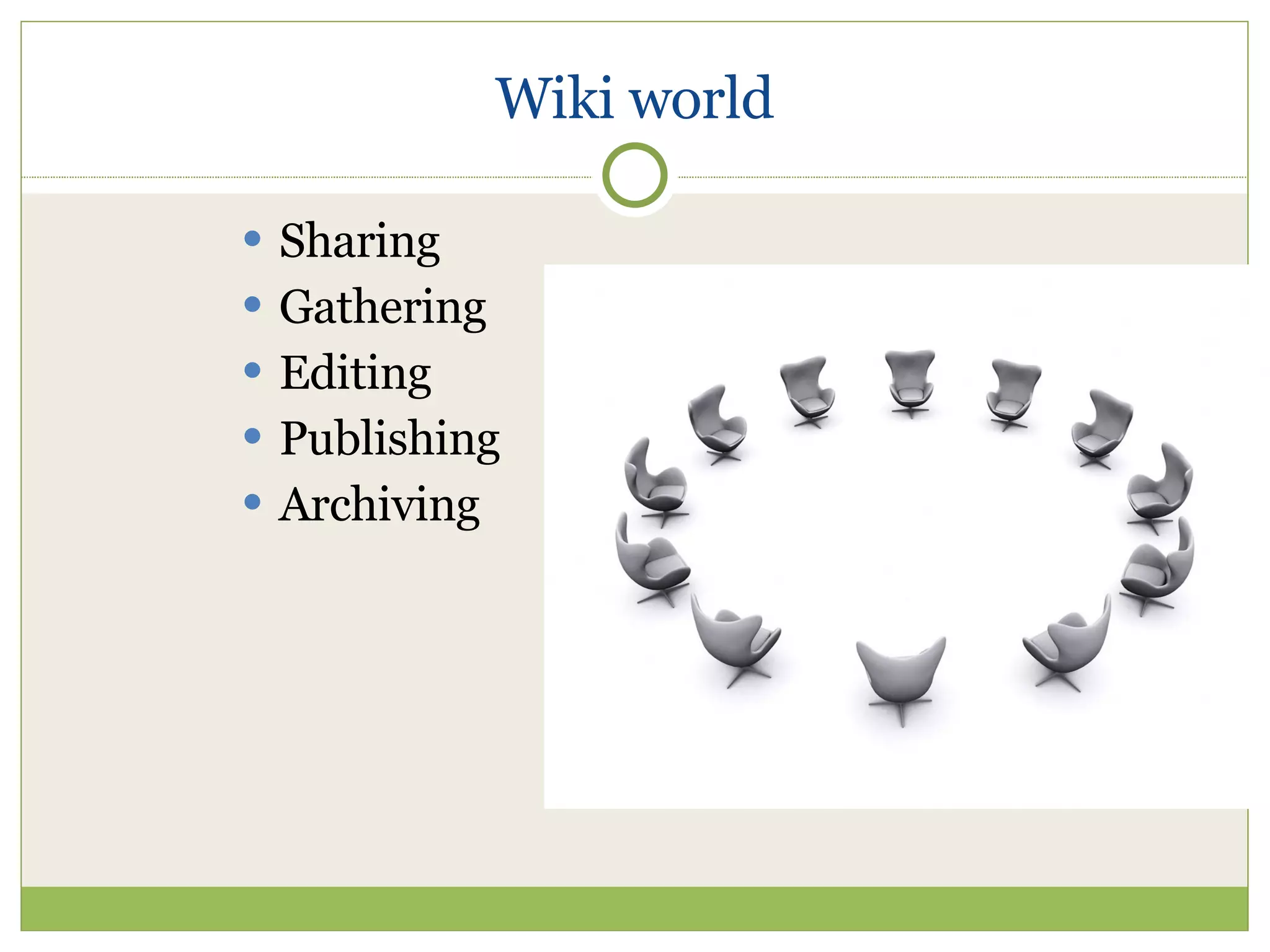 Wiki world Sharing Gathering Editing Publishing Archiving 