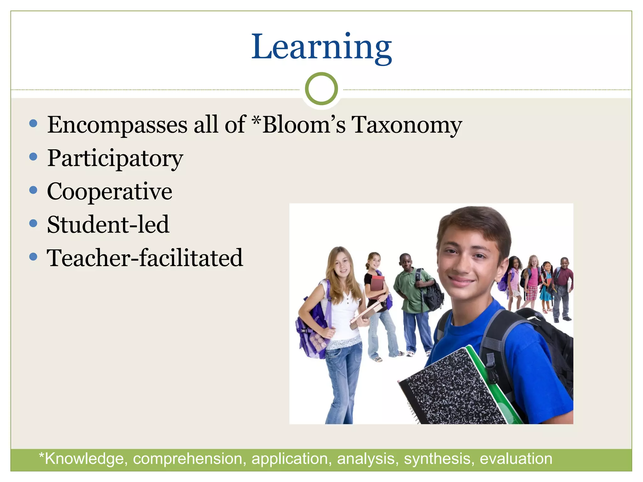 Learning Encompasses all of *Bloom’s Taxonomy Participatory Cooperative Student-led Teacher-facilitated *Knowledge, comprehension, application, analysis, synthesis, evaluation 