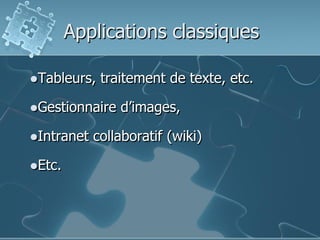 Applications classiques
Tableurs,

traitement de texte, etc.

Gestionnaire
Intranet
Etc.

d’images,

collaboratif (wiki)

 