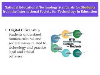 National Educational Technology Standards for  Students from the International Society for Technology in Education Digital Citizenship Students understand human, cultural, and societal issues related to technology and practice legal and ethical behavior. 