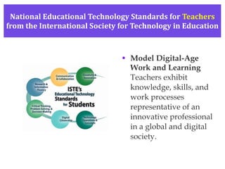 National Educational Technology Standards for  Teachers from the International Society for Technology in Education Model Digital-Age Work and Learning Teachers exhibit knowledge, skills, and work processes representative of an innovative professional in a global and digital society. 