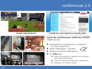 conférences 2.0 Cycle de conférences web2 de l’AFEIT (règles du jeu) participation en présentiel ou à distance (et en plus on change de ville) public hétérogène : entraide secteurs d’activité hétérogènes un  wiki  pour… poser des questions / apporter des réponses entre deux conférences choisir le thème des prochaines conférences rattraper une session sautée EN DIRECT DANS SECOND LIFE AUTRANS 2009, AVANT, PENDANT (ICI, AILLEURS), APR ÈS… WEB’08 12/2008 PARIS 