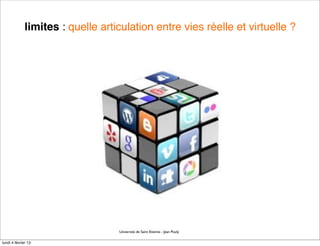 limites : quelle articulation entre vies réelle et virtuelle ?




                                   Université de Saint Etienne - Jean Pouly

lundi 4 février 13
 
