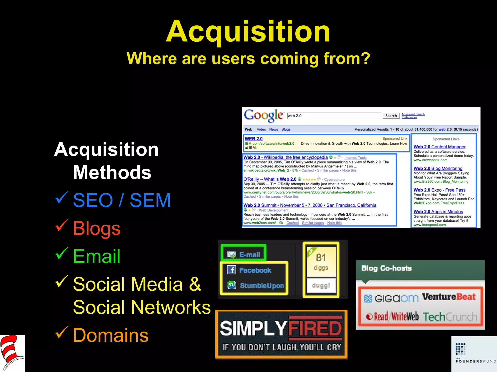 Acquisition Where are users coming from? Acquisition Methods SEO / SEM Blogs Email Social Media & Social Networks Domains 