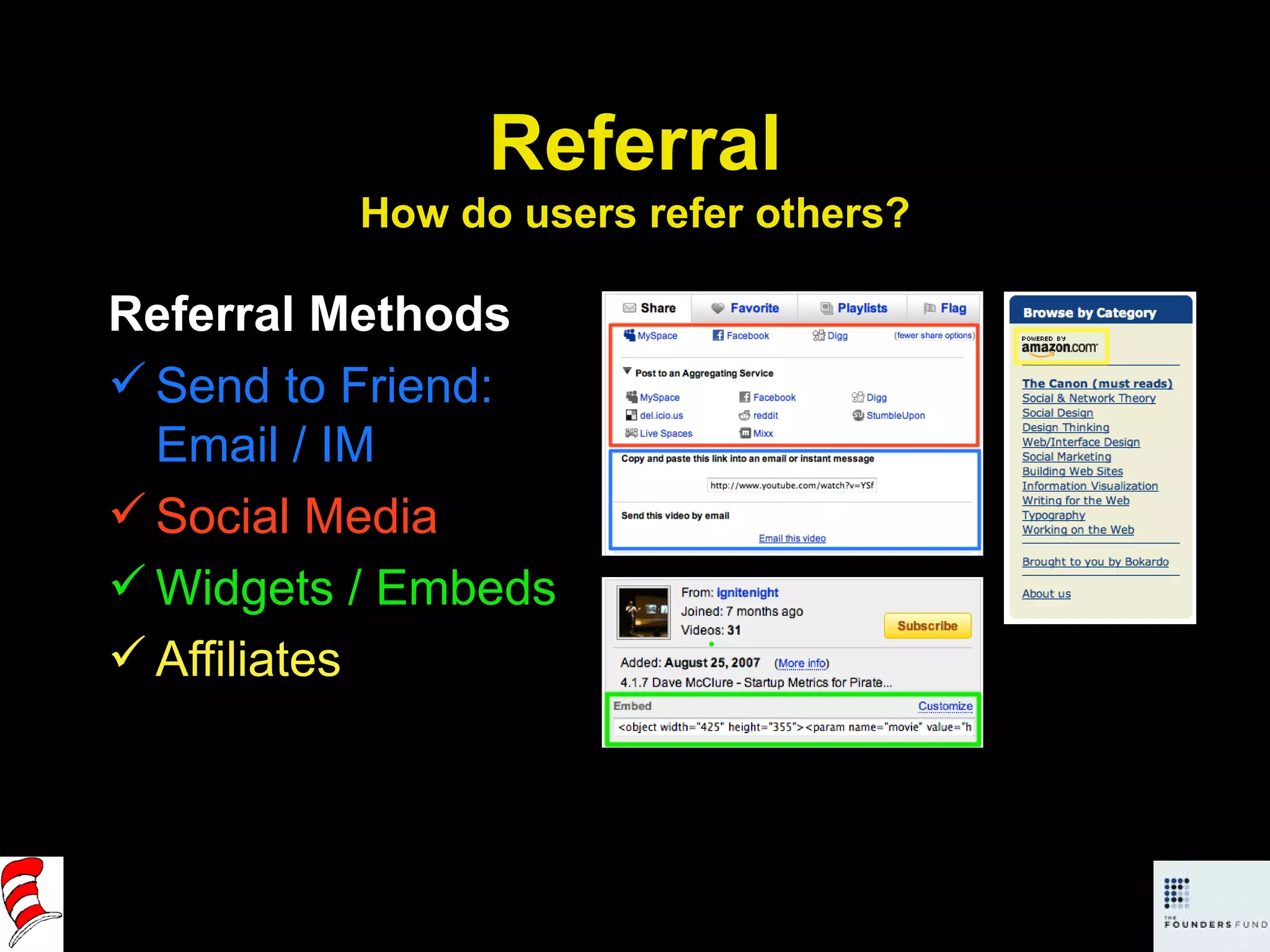 Referral How do users refer others? Referral Methods Send to Friend: Email / IM Social Media Widgets / Embeds Affiliates 