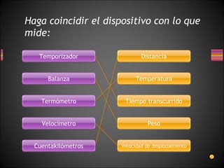 Haga coincidir el dispositivo con lo que
mide:

   Temporizador               Distancia


      Balanza              Temperatura


    Termómetro         Tiempo transcurrido


    Velocímetro                 Peso


  Cuentakilómetros    Velocidad de desplazamiento
 