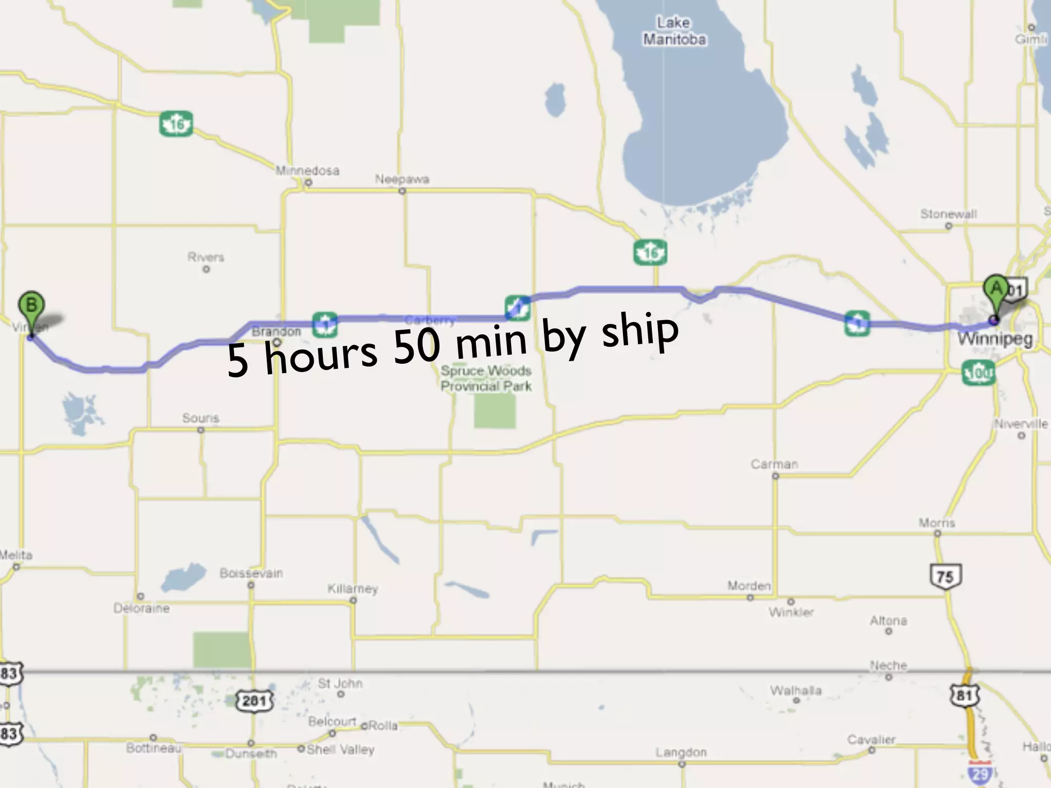 5 hours 50 min by ship
 