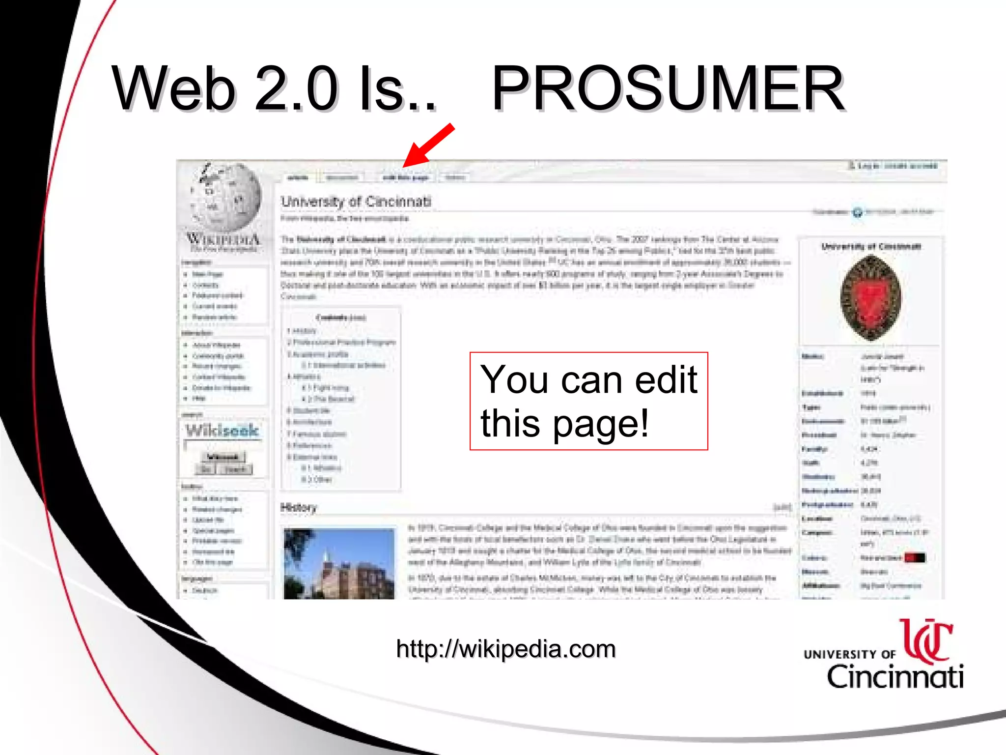 Web 2.0 Is..  PROSUMER http://wikipedia.com You can edit this page! 