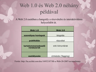 Web 1.0 és Web 2.0 néhány
              példával
 A Web 2.0 esetében a hangsúly a részvételre és interaktivitásra
                       helyeződött át.

                Web 1.0                     Web 2.0

         személyes honlapok                  blogolás

               publikálás                   részvétel

         tartalommenedzselő              wiki könyvtárak
              rendszerek



              osztályozás              címkézés (Tagging)

Forrás: http://hu.scribd.com/doc/16952187/Mi-a-Web-20-2007-es-tanulmany
 