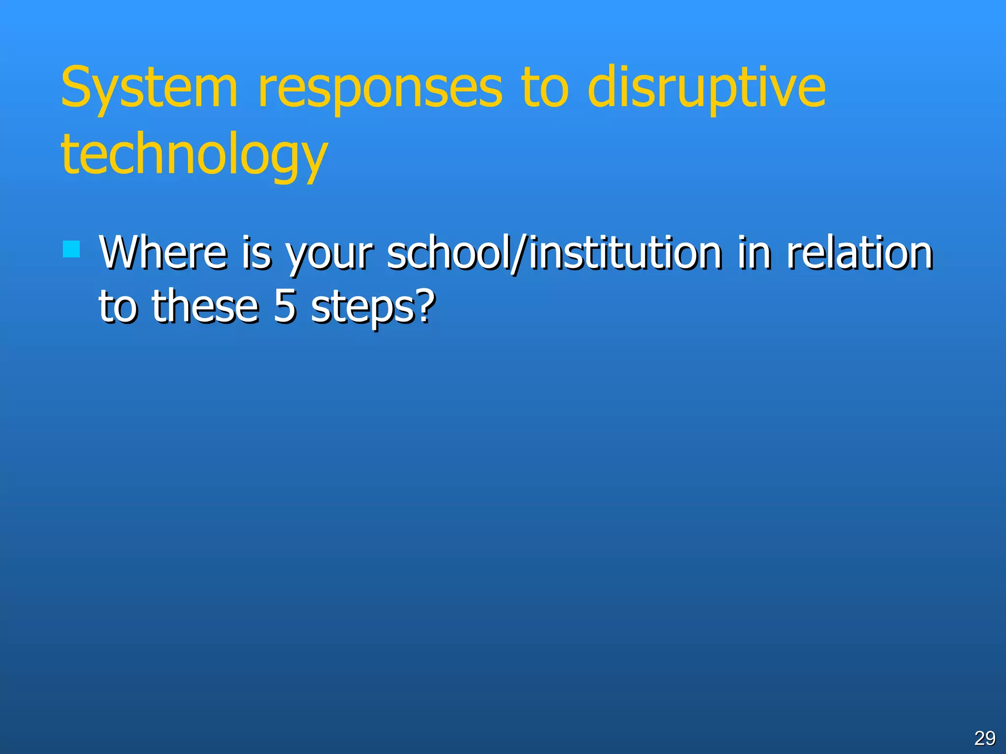 System responses to disruptive technology Where is your school/institution in relation to these 5 steps? 