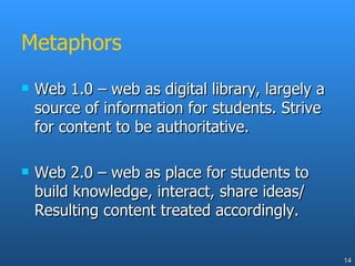 Metaphors Web 1.0 – web as digital library, largely a source of information for students. Strive for content to be authoritative. Web 2.0 – web as place for students to build knowledge, interact, share ideas/ Resulting content treated accordingly. 