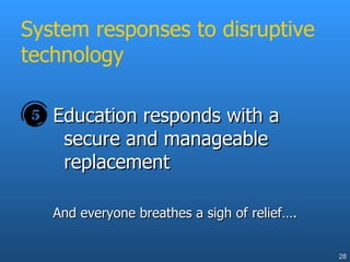 System responses to disruptive technology Education responds with a secure and manageable replacement And everyone breathes a sigh of relief…. 