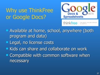 Why use ThinkFree or Google Docs? Available at home, school, anywhere (both program and data) Legal, no license costs Kids can share and collaborate on work Compatible with common software when necessary 