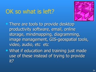 OK so what is left? There are tools to provide desktop productivity software, email, online storage, mindmapping, diagramming, image management, GIS-geospatial tools, video, audio, etc  etc What if education and training just made use of these instead of trying to provide it? 