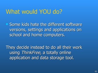 What would YOU do? Some kids hate the different software versions, settings and applications on school and home computers.  They decide instead to do all their work using  ThinkFree , a totally online application and data storage tool. 