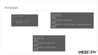 Templates
Python Dictionary
!

{
}

"first_name": "Colin",
"last_name" : "Su"

HTML Template
<!DOCTYPE html>
<html>
<head>
<title>Hello Title</title>
</head>
<body>
<h1>Hello, I'm {{=first_name }} {{=last_name }}</h1>
</body>
</html>

Rendered HTML
<!DOCTYPE html>
<html>
<head>
<title>Hello Title</title>
</head>
<body>
<h1>Hello, I'm Colin Su</h1>
</body>
</html>

 