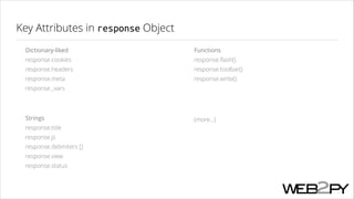 Key Attributes in response Object
Dictionary-liked 

Functions 

response.cookies 

response.ﬂash() 

response.headers 

response.toolbar() 

response.meta 

response.write()

response._vars 
!

Strings 
response.title 
response.js 
response.delimiters [] 
response.view 
response.status 

(more...)

 