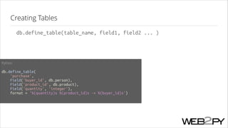 Creating Tables
db.define_table(table_name, field1, field2 ... )

Python
!

db.define_table(
'purchase',
Field('buyer_id', db.person),
Field('product_id', db.product),
Field('quantity', 'integer'),
format = '%(quantity)s %(product_id)s -> %(buyer_id)s')
!

 