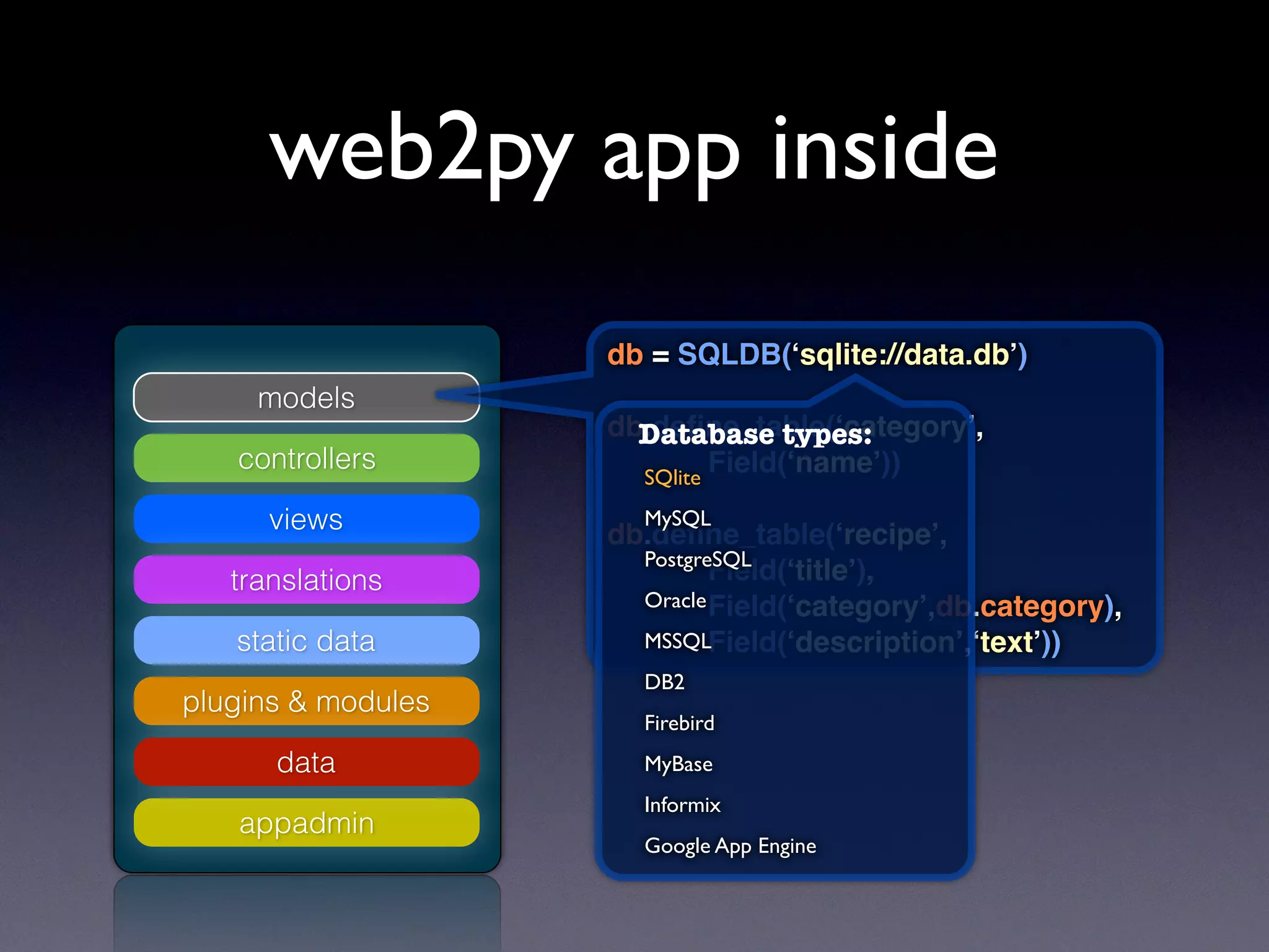 models
controllers
views
translations
static data
plugins & modules
appadmin
data
db = SQLDB(‘sqlite://data.db’)
db.deﬁne_table(‘category’,
Field(‘name’))
db.deﬁne_table(‘recipe’,
Field(‘title’),
Field(‘category’,db.category),
Field(‘description’,‘text’))
SQlite
MySQL
PostgreSQL
Oracle
MSSQL
DB2
Firebird
MyBase
Informix
Google App Engine
Database types:
web2py app inside
 