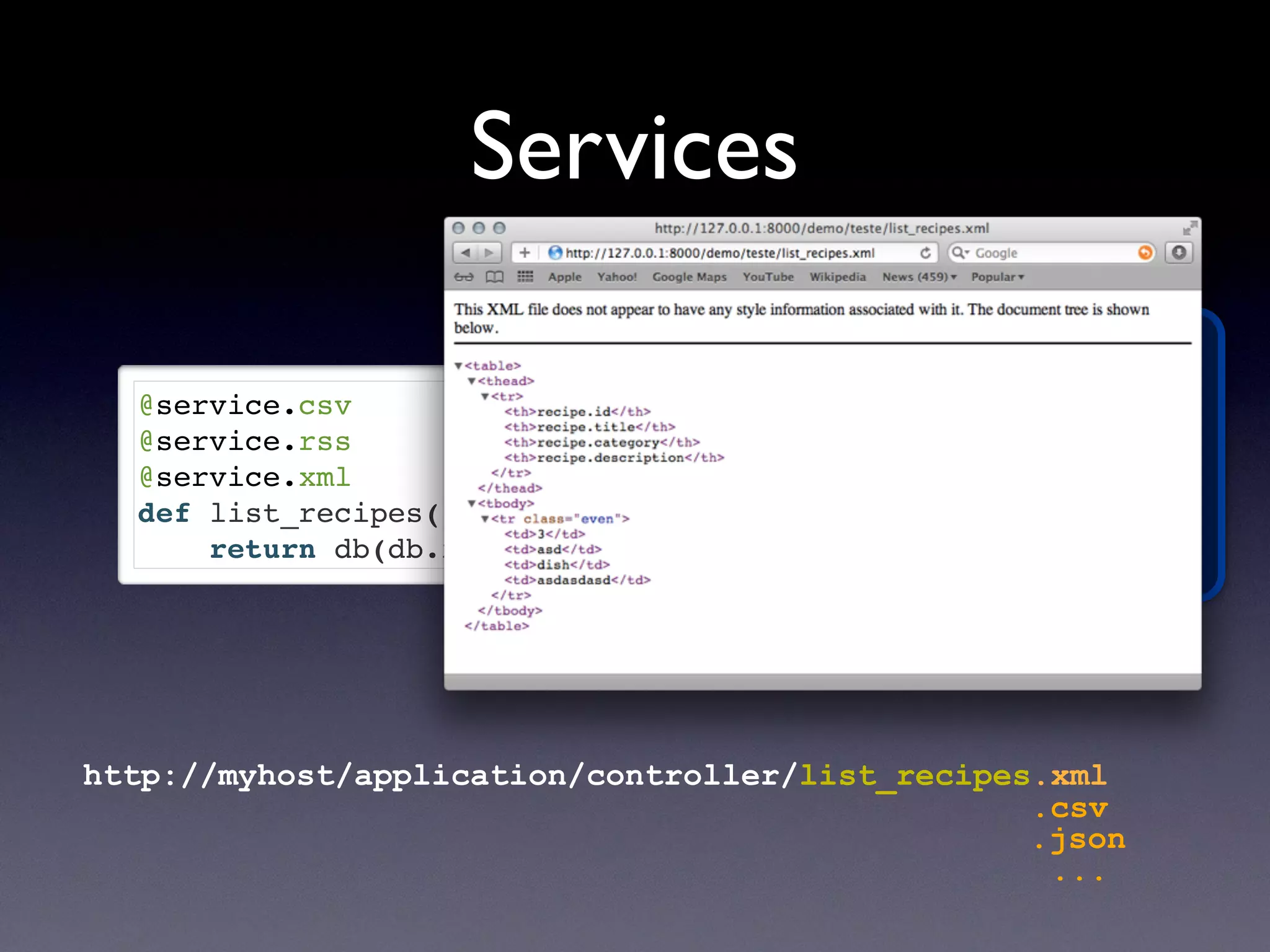 @service.csv
@service.rss
@service.xml
def list_recipes():
return db(db.recipe).select()
@service.run
@service.csv
@service.rss
@service.json
@service.jsonrpc
@service.xml
@service.xmlrpc
@service.soap
@service.amfrpc3('domain')
Services
http://myhost/application/controller/list_recipes.xml
.csv
...
.json
 